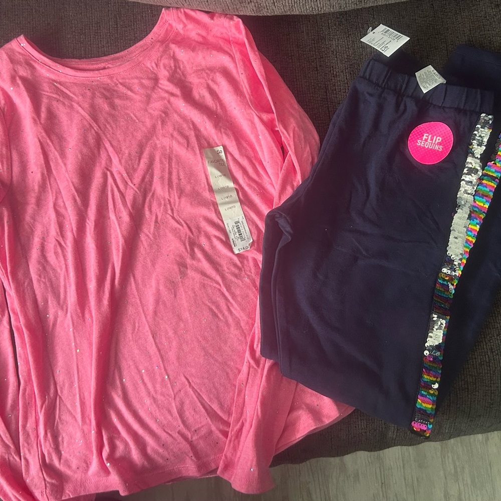 Pink Long Sleeve Top and Navy Sequin Leggings Set girls 10/12 new
